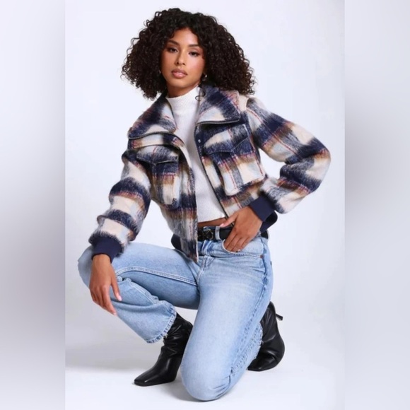 NWT 7 For All Mankind Cropped Bomber Jacket Plaid Tan Blue Zip-Up Coat Small